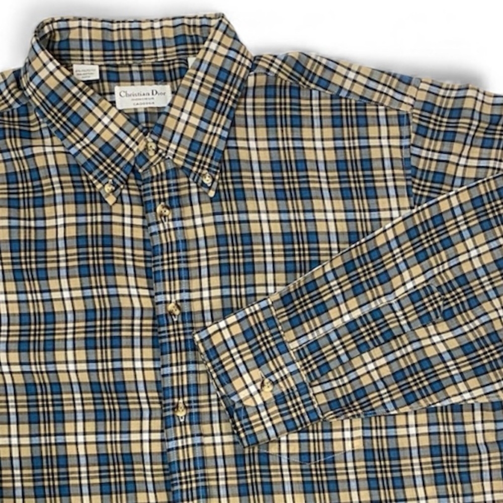 Dior Men’s Plaid Button-Down Shirt Yellow Blue Cotton Size XL Luxury Designer